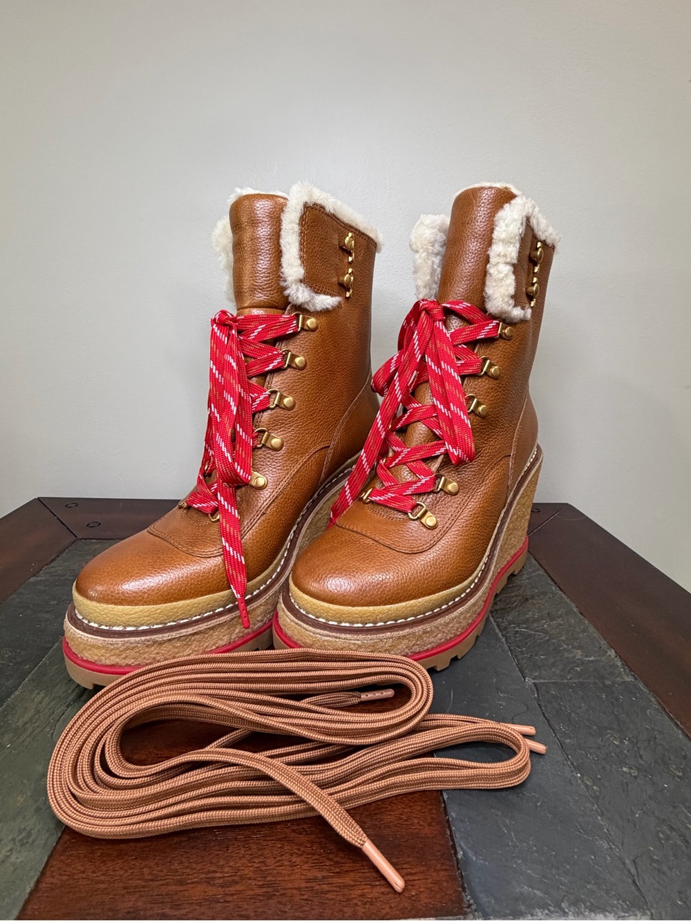 Tory Burch Tan Leather Wedge Boot with Red Laces and Shearling Trim - Picture 6 of 11